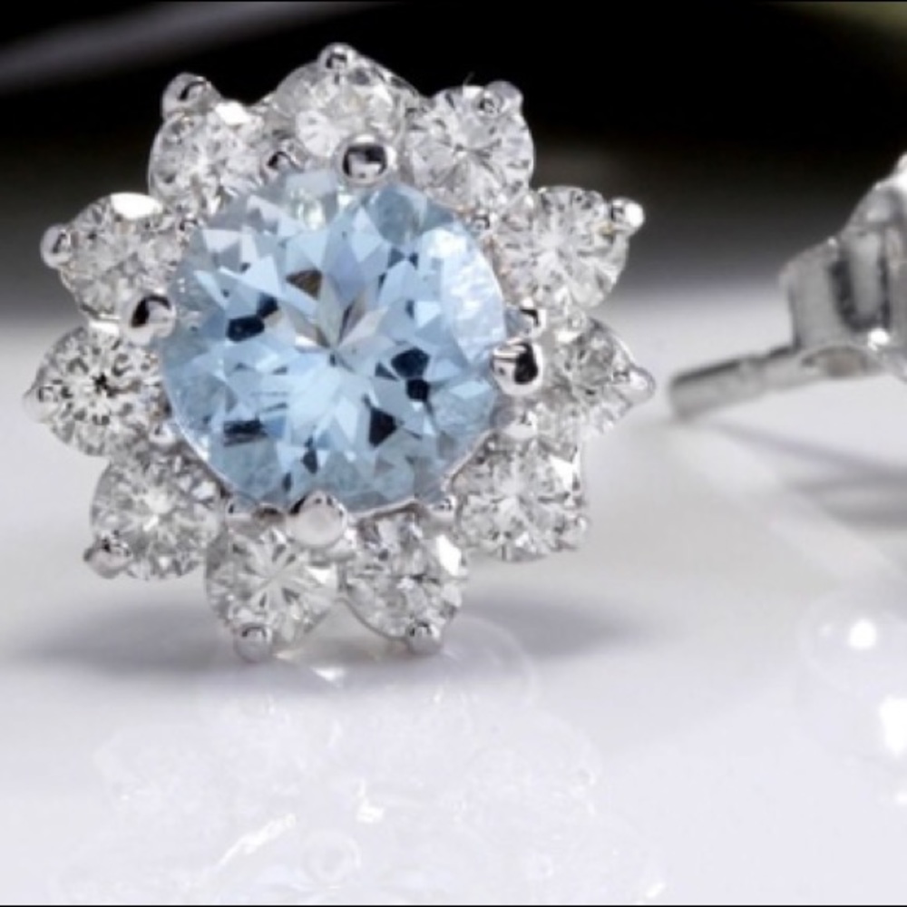 2 CT Aquamarine Natural Gemstone ’s 925 CZ Flower - Picture 1 of 2